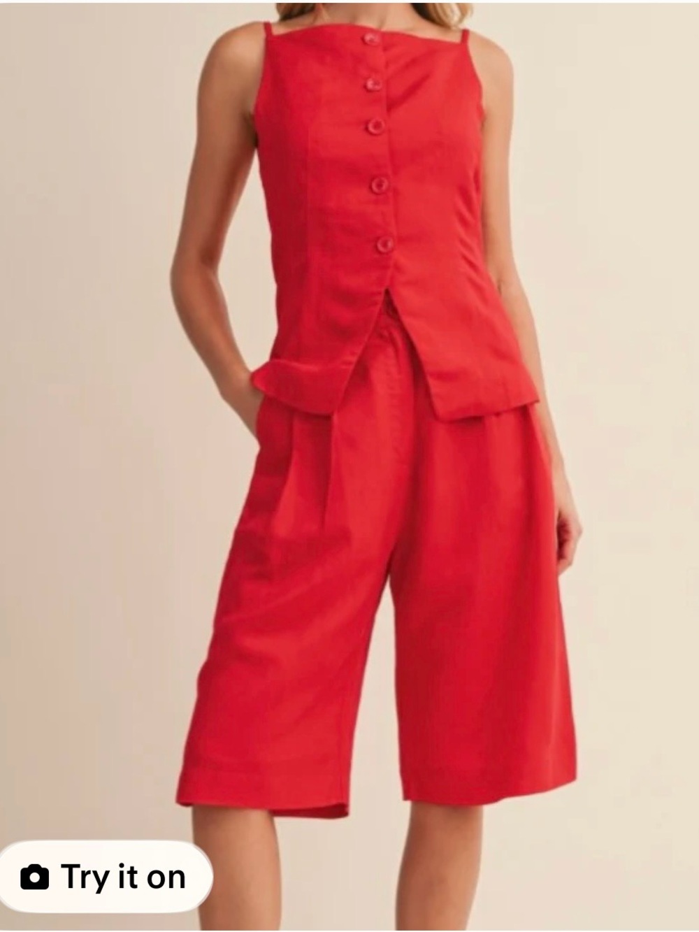 Red Sleeveless Button-Front vest and  cropped Wide Leg set. 
New with the tags.